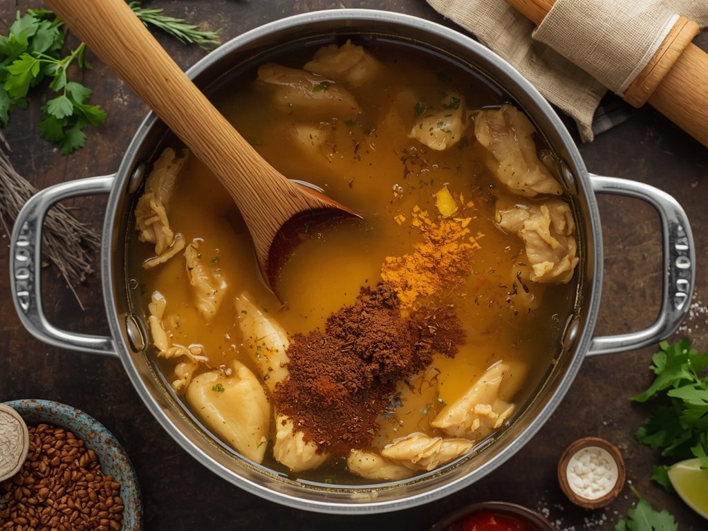 A simmering pot of rich, golden chicken broth with a