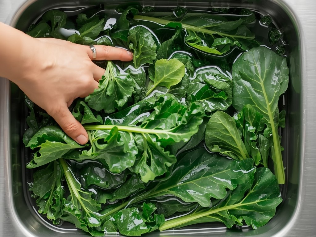 A sink filled with fresh kale leaves soaking in cold