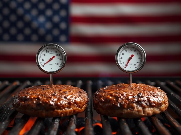 A sizzling backyard barbecue scene with a classic analog meat