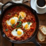A sizzling cast-iron skillet filled with Bolognese shakshuka, topped with