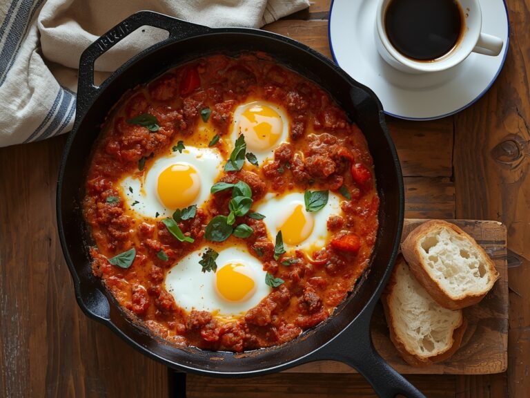 A sizzling cast-iron skillet filled with Bolognese shakshuka, topped with