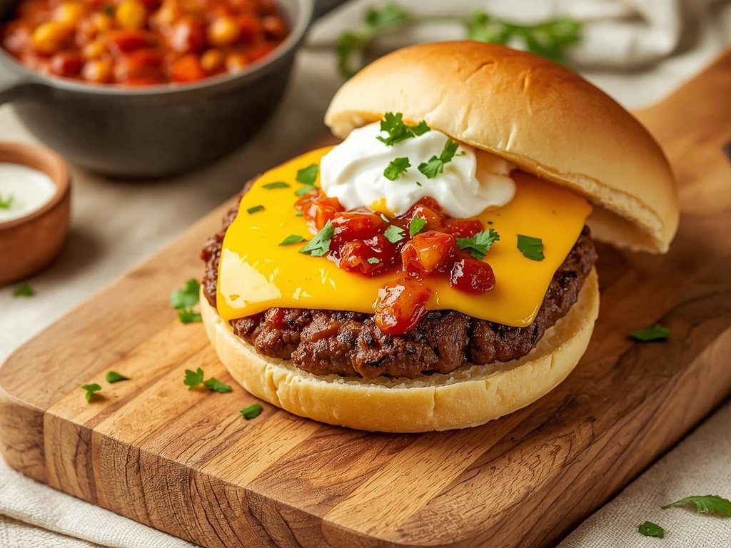 A sizzling Chili Mac Burger on a wooden cutting board,