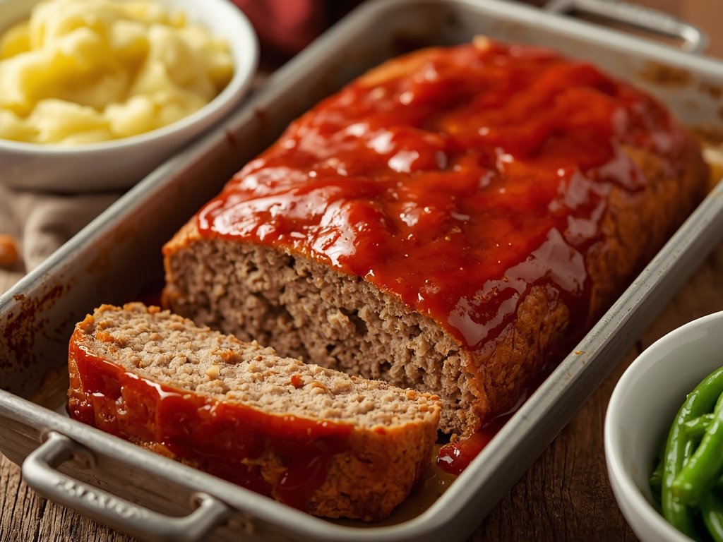 A sizzling meatloaf fresh out of the oven, glazed with