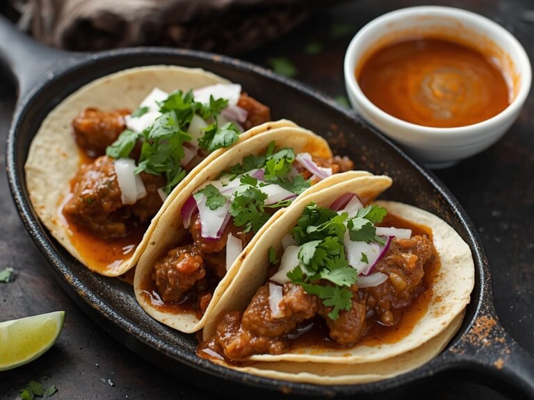 A sizzling plate of birria tacos with melted cheese, garnished