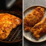 A sizzling schnitzel fresh from the air fryer, golden breadcrumbs