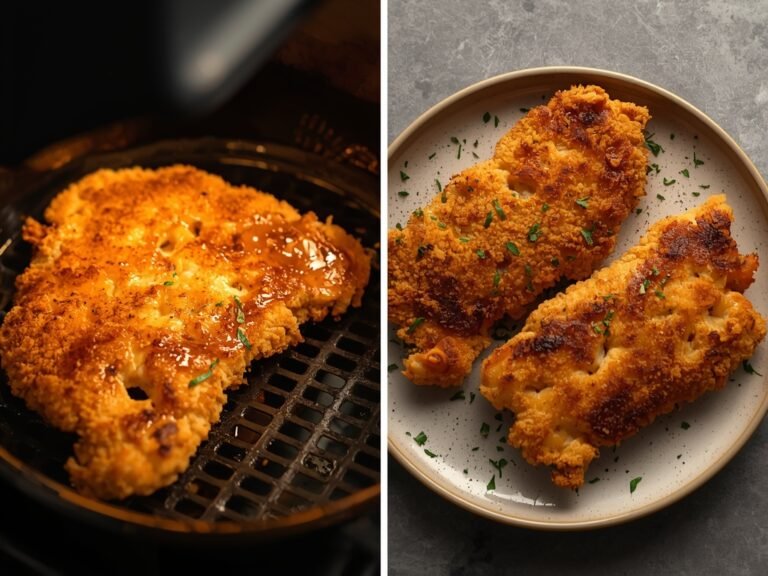 A sizzling schnitzel fresh from the air fryer, golden breadcrumbs