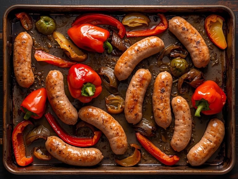 A sizzling sheet pan fresh from the oven, loaded with