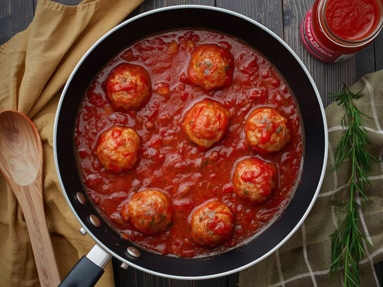 A sizzling skillet filled with meatballs simmering in a rich