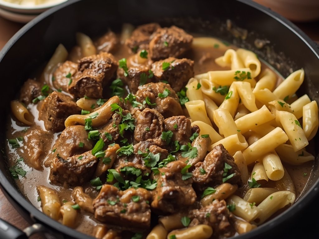 A sizzling skillet of leftover brisket stroganoff, with tender chunks