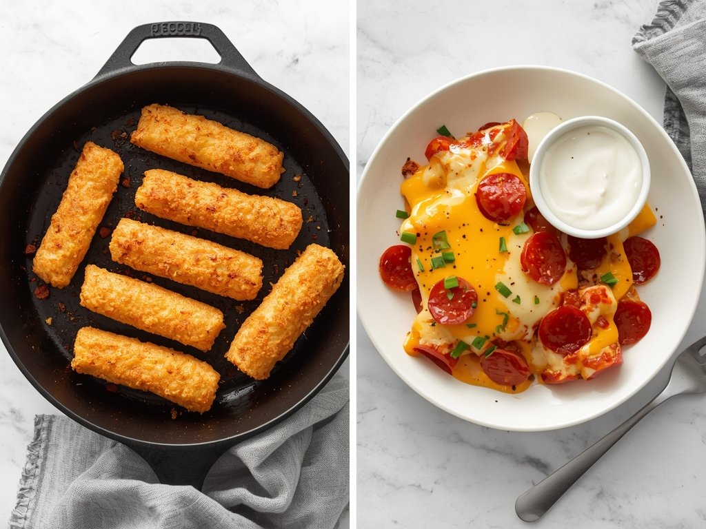 A sizzling skillet with cheese sticks being pan-fried, alongside a