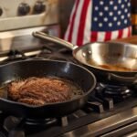 A sizzling steak in a cast iron skillet next to