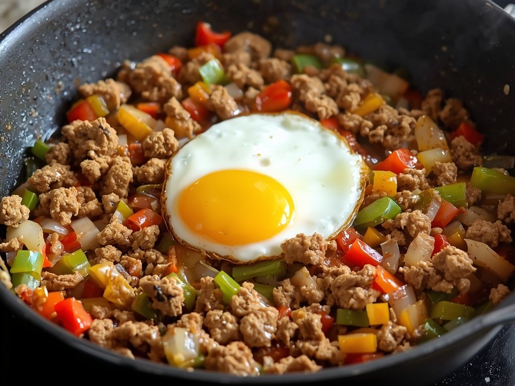 A skillet filled with crumbled meatloaf, bell peppers, and onions,