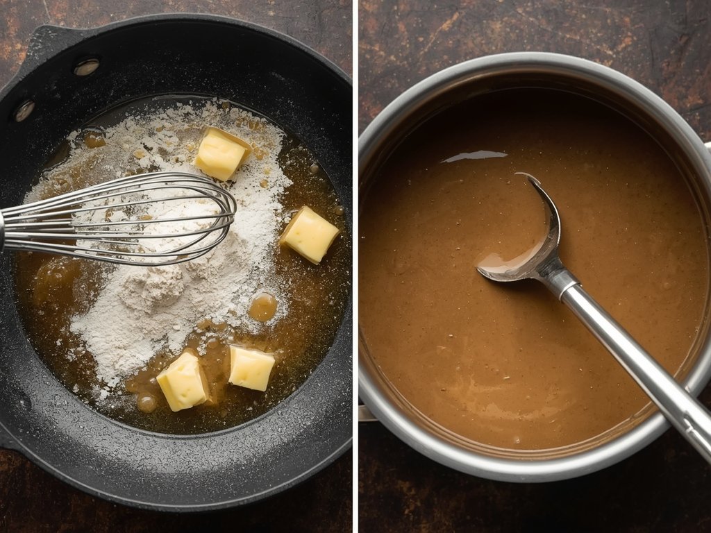 A skillet with butter melting and flour being whisked into