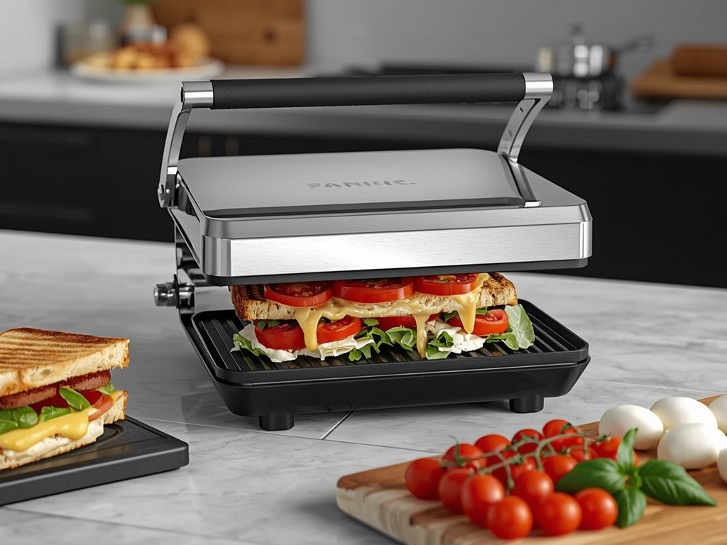 A sleek, modern panini press sitting on a kitchen counter,