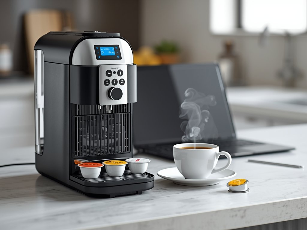 A sleek, single-serve coffee maker with a colorful array of