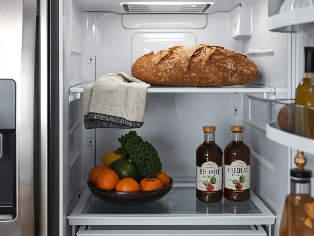 A sleek, stainless steel fridge with a loaf of sourdough