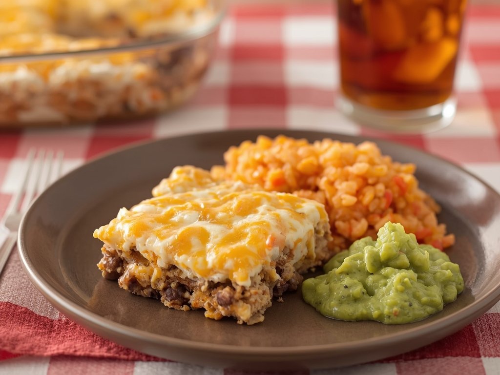 A slice of taco meat casserole served on a plate