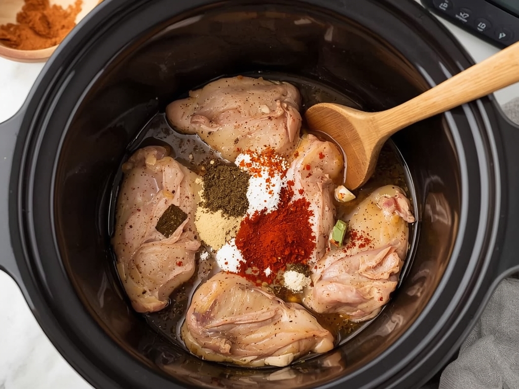 A slow cooker filled with chicken thighs, surrounded by various