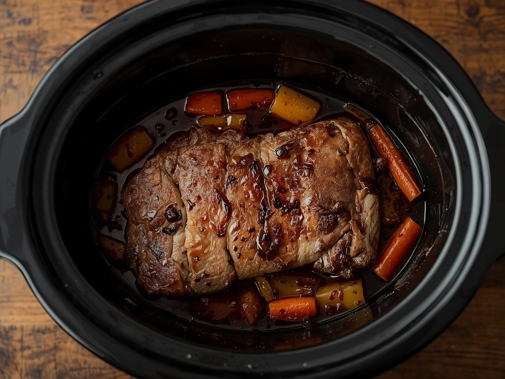 A slow cooker with a minimal amount of liquid, showcasing