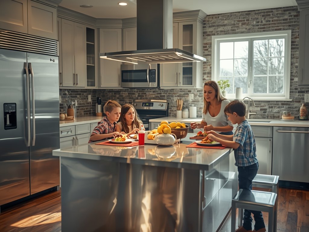 A sparkling clean stainless steel kitchen, with a family gathering