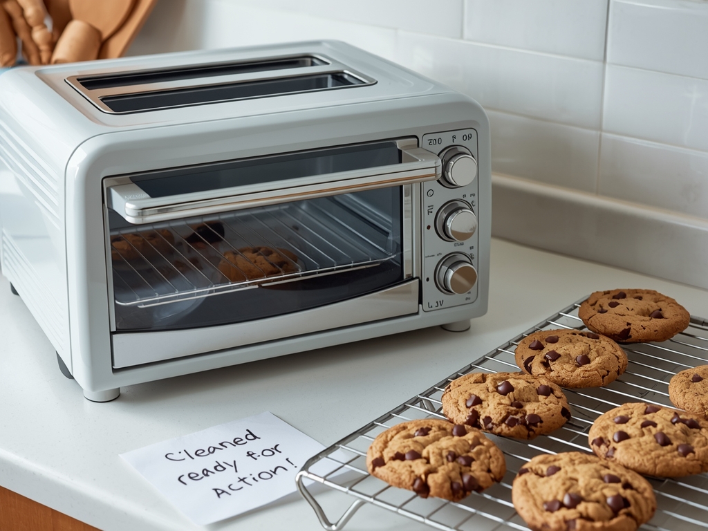 A sparkling clean toaster oven on a kitchen counter, with