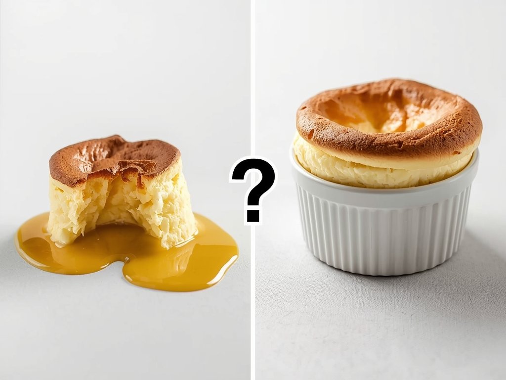 A split image showing a fallen soufflé on the left
