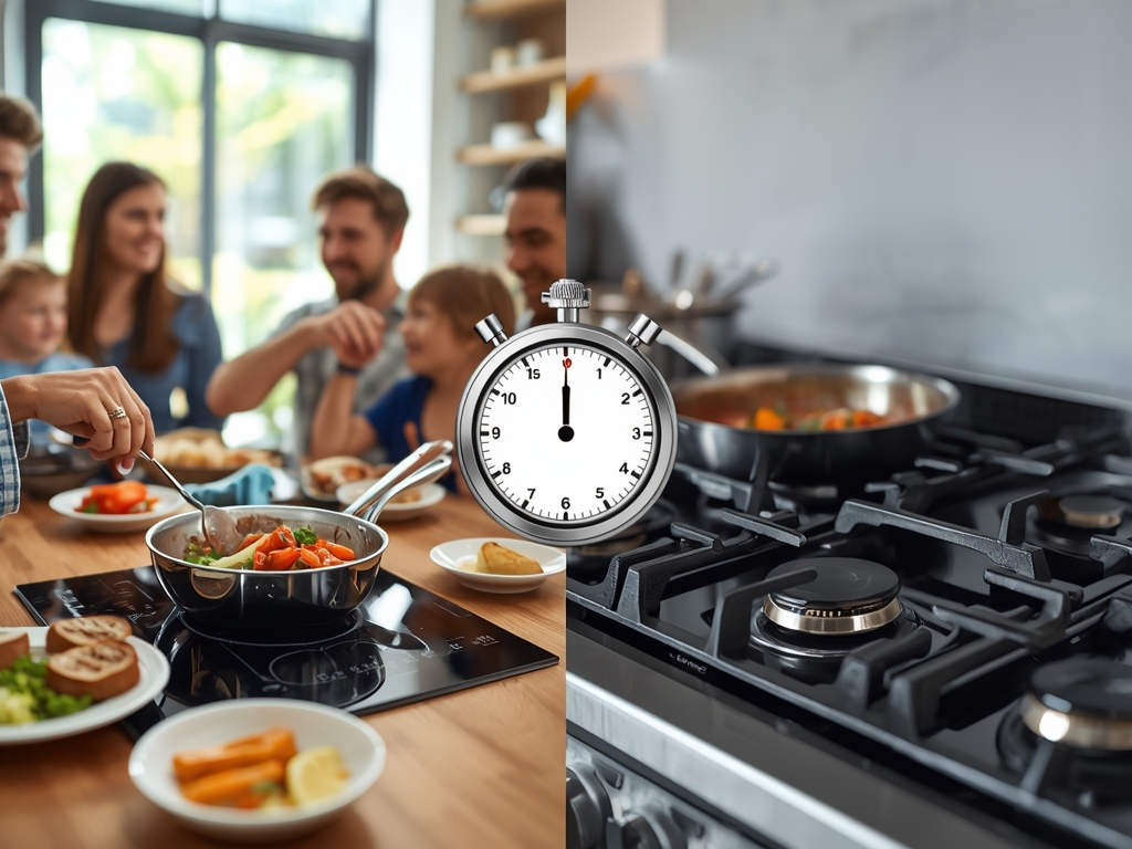 A split image showing a family enjoying a meal cooked