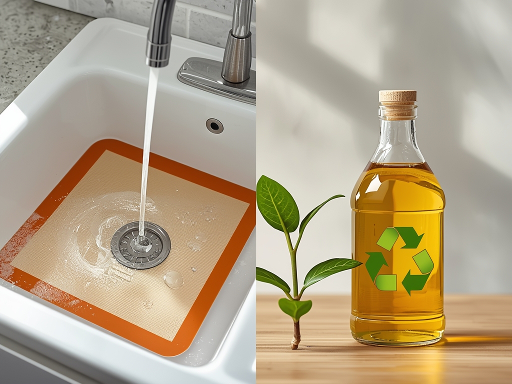 A split image showing a silicon baking mat being washed