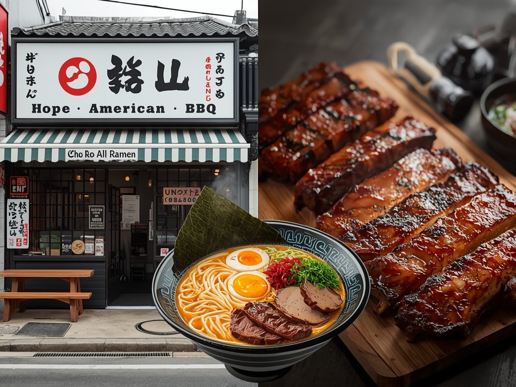 A split image showing a traditional Japanese ramen shop on