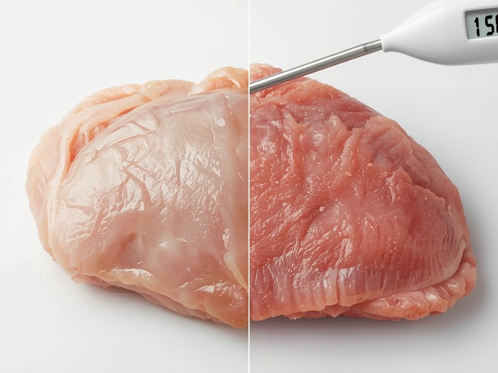 A split-screen image: one side shows a perfectly cooked chicken