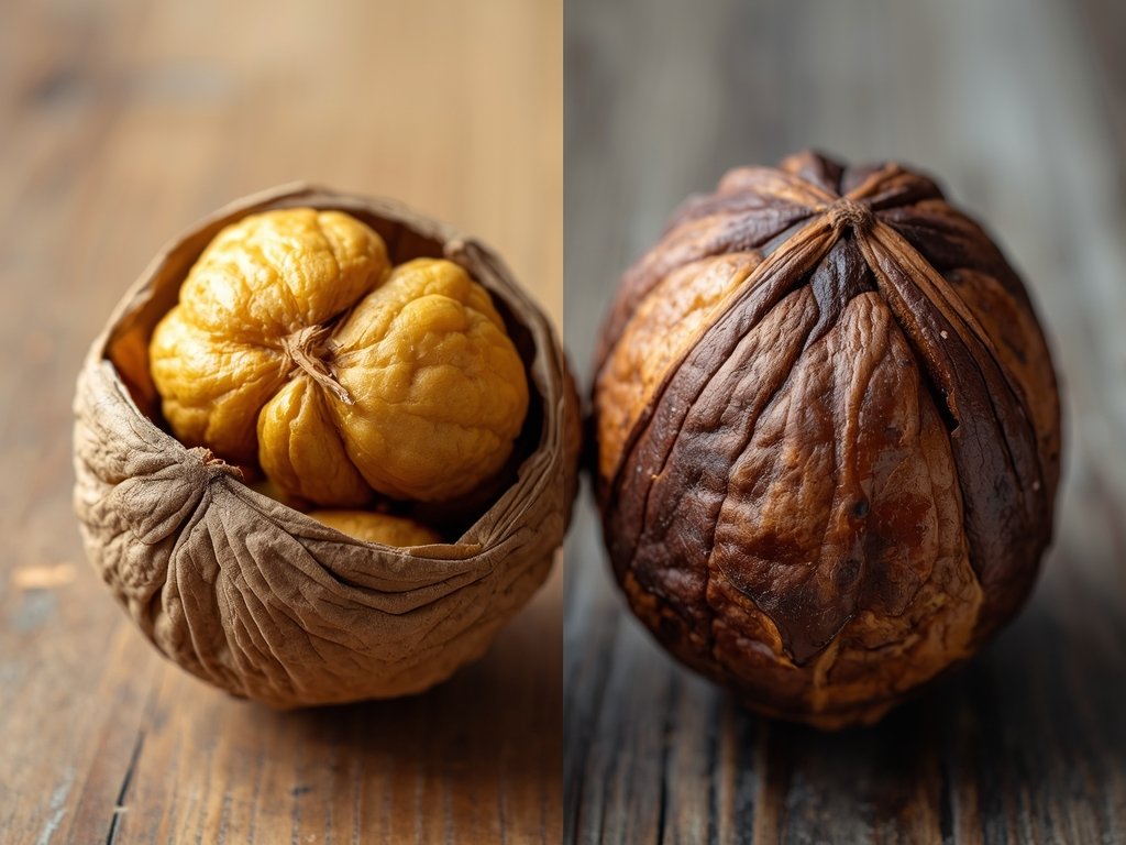 A split-screen image: one side shows a fresh walnut with