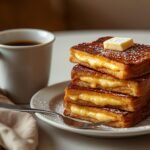 A stack of golden French toast with a soft, custard-like