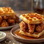 A stack of golden waffles beside a plate of crispy