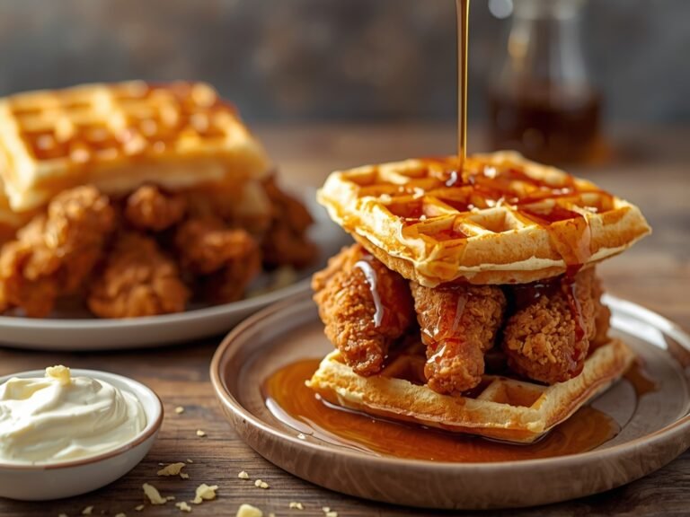 A stack of golden waffles beside a plate of crispy