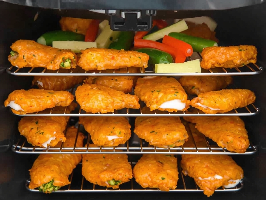 A stackable rack set inside an air fryer, holding multiple