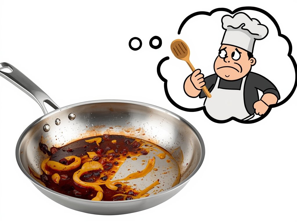 A stainless steel pan with burnt food stuck to the
