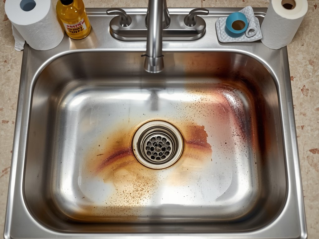 A stainless steel sink with a particularly stubborn rainbow stain,