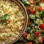 A steaming bowl of couscous with a fluffy texture, garnished