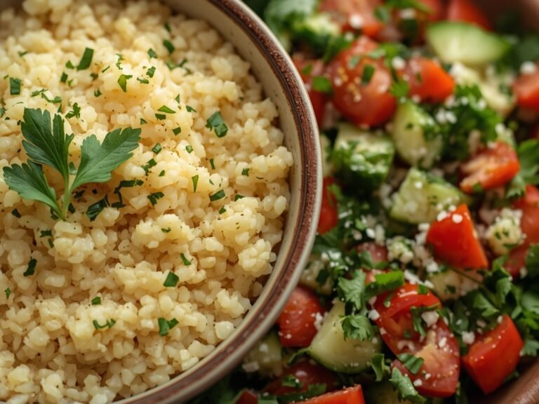 A steaming bowl of couscous with a fluffy texture, garnished