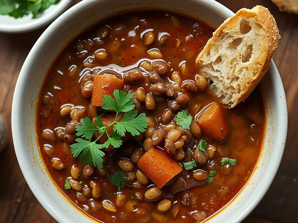 A steaming bowl of hearty lentil stew, garnished with fresh