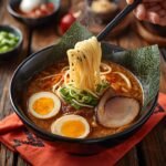 A steaming bowl of ramen with chopsticks hovering over it,