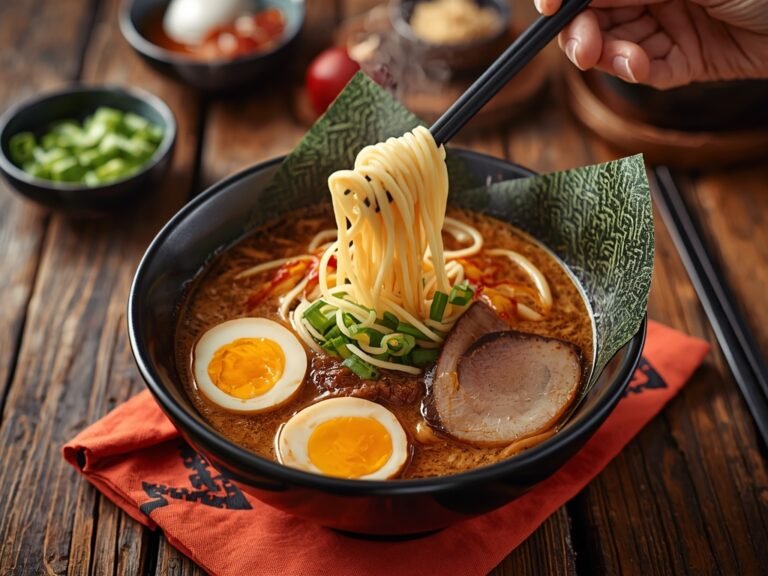 A steaming bowl of ramen with chopsticks hovering over it,