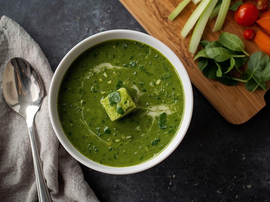 A steaming bowl of soup with a spinach cube melting