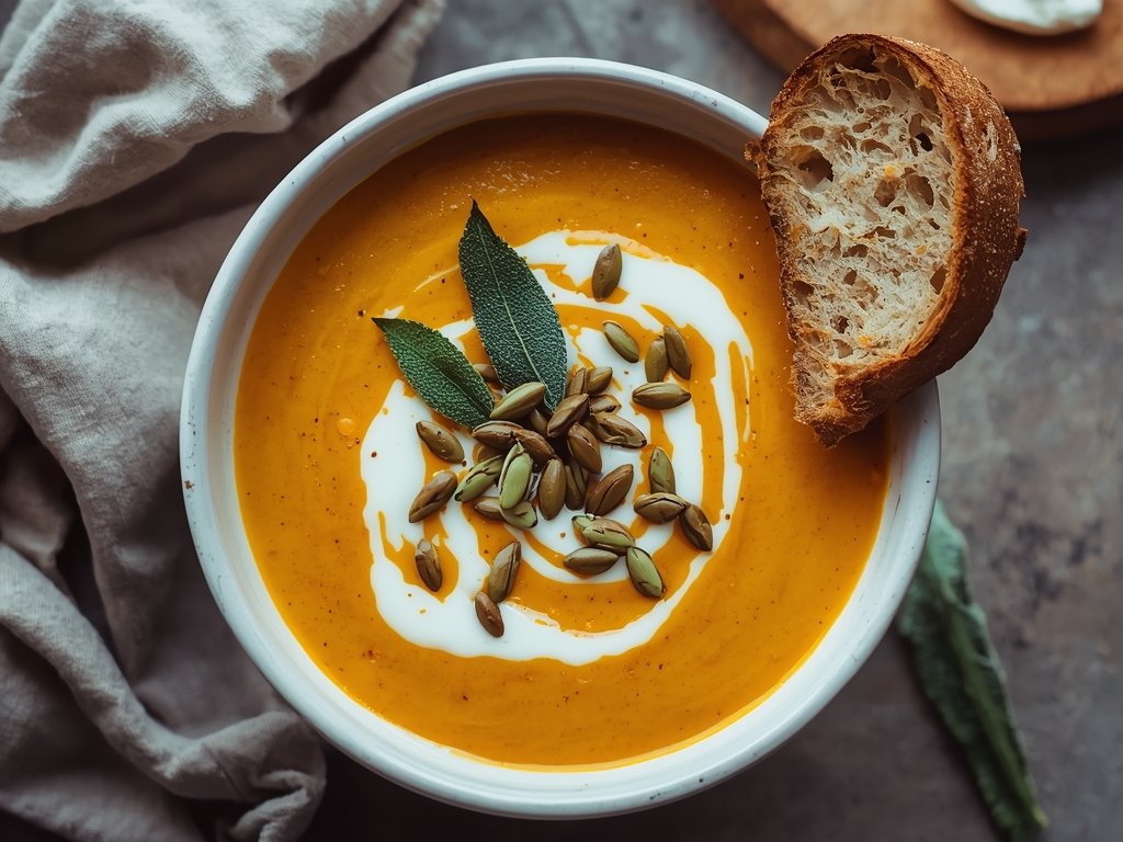 A steaming bowl of velvety butternut squash soup, garnished with