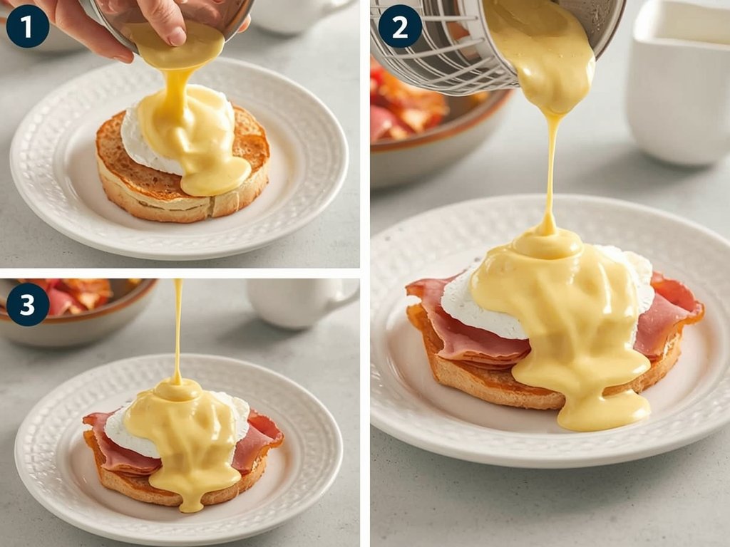 A step-by-step assembly of Eggs Benedict on a plate: toasted
