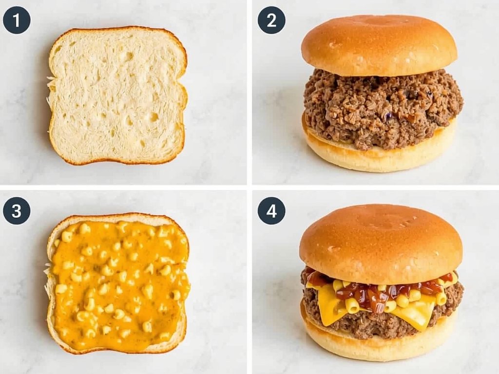 A step-by-step burger assembly: toasted bun, beef patty, mac and
