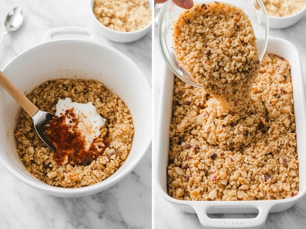 A step-by-step collage of preparing a quinoa breakfast bake: mixing
