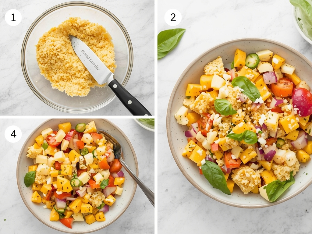 A step-by-step collage of the recipe process: crumbled cornbread in