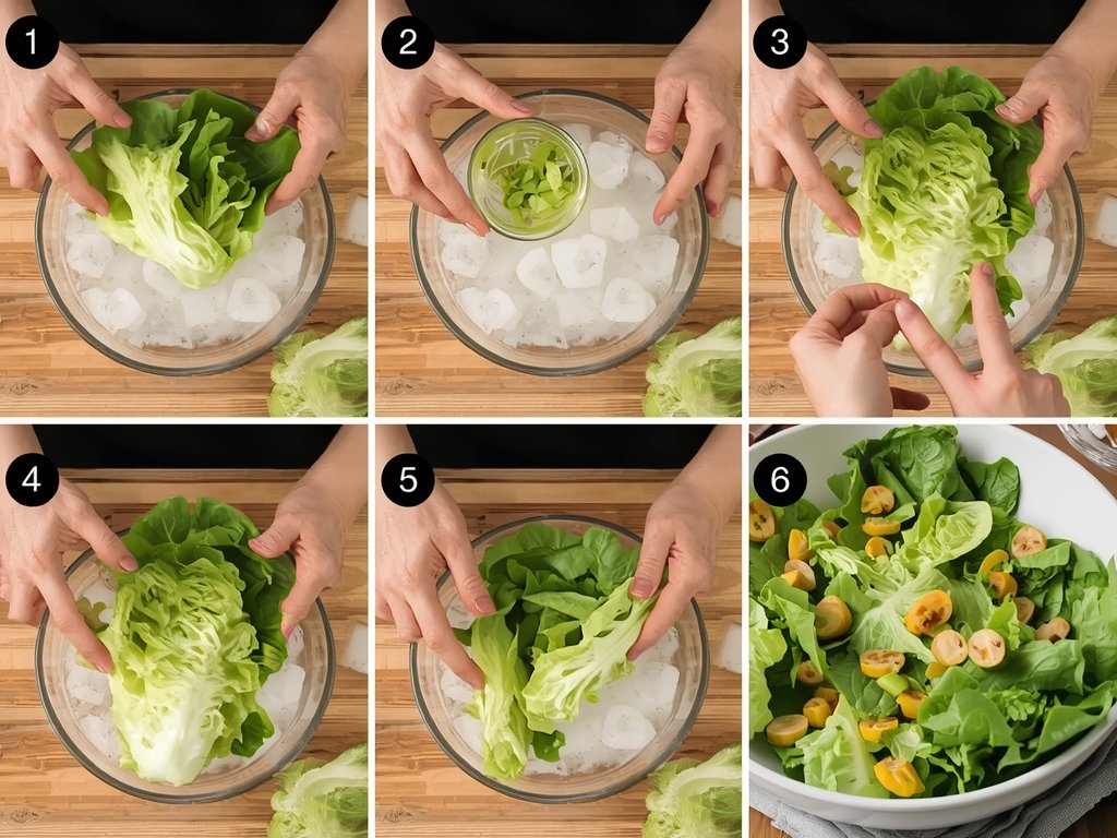 A step-by-step photo series showing someone reviving wilted lettuce using