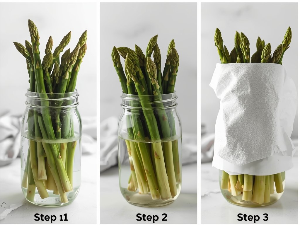 A step-by-step photo series showing the asparagus jar hack in